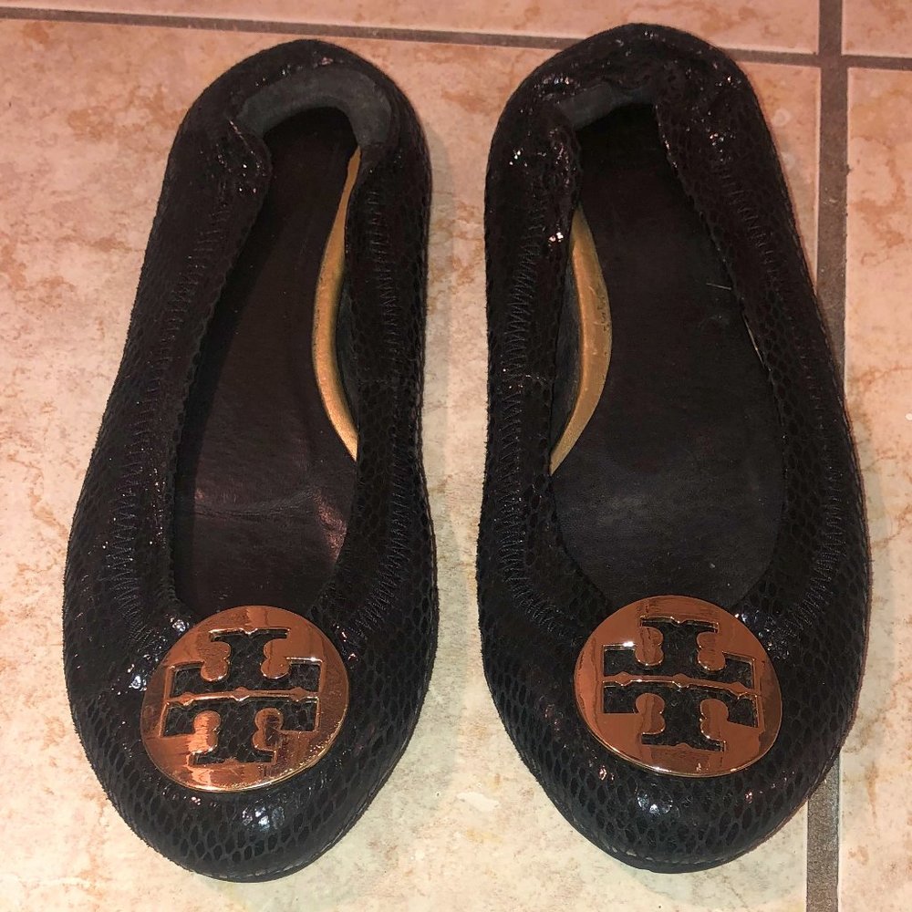 Tory Burch Reva Black Snakeskin Flats